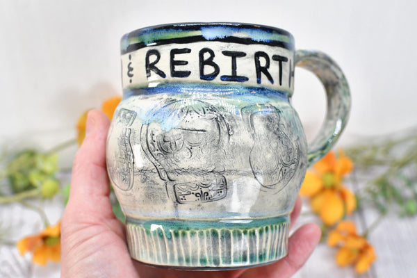 Sugar Skull Coffee Mug, Death & Rebirth Handleless Stoneware Pottery Ceramic Cup, Handmade Gift, Day of the Dead