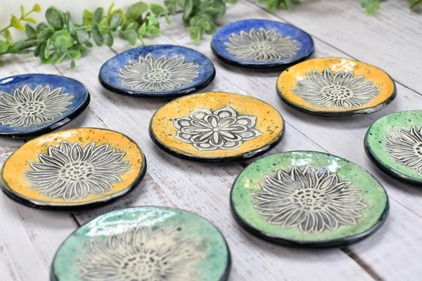Sunflower Ceramic Small Coffee Spoon Rest, Handmade Jewelry Trinket Dish, Hand Painted Stoneware Pottery Gift in Blue, Green, and Yellow
