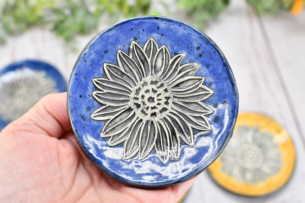 Sunflower Ceramic Small Coffee Spoon Rest, Handmade Jewelry Trinket Dish, Hand Painted Stoneware Pottery Gift in Blue, Green, and Yellow