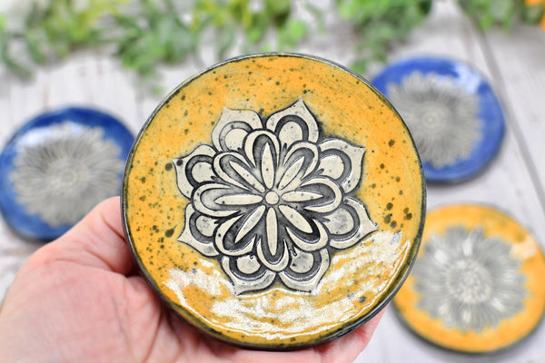 Sunflower Ceramic Small Coffee Spoon Rest, Handmade Jewelry Trinket Dish, Hand Painted Stoneware Pottery Gift in Blue, Green, and Yellow