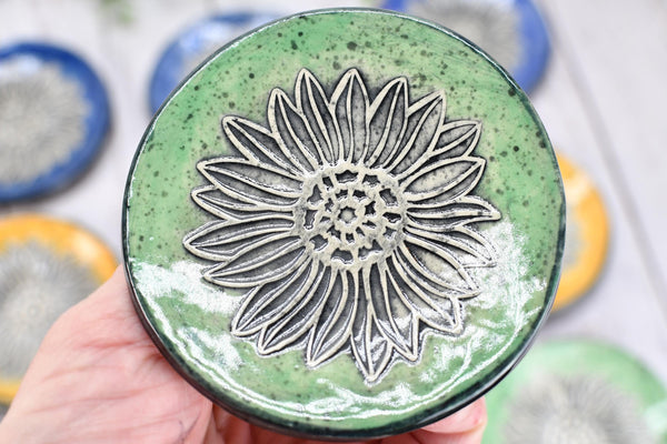 Sunflower Ceramic Small Coffee Spoon Rest, Handmade Jewelry Trinket Dish, Hand Painted Stoneware Pottery Gift in Blue, Green, and Yellow
