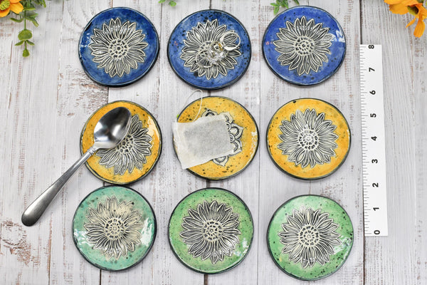Sunflower Ceramic Small Coffee Spoon Rest, Handmade Jewelry Trinket Dish, Hand Painted Stoneware Pottery Gift in Blue, Green, and Yellow