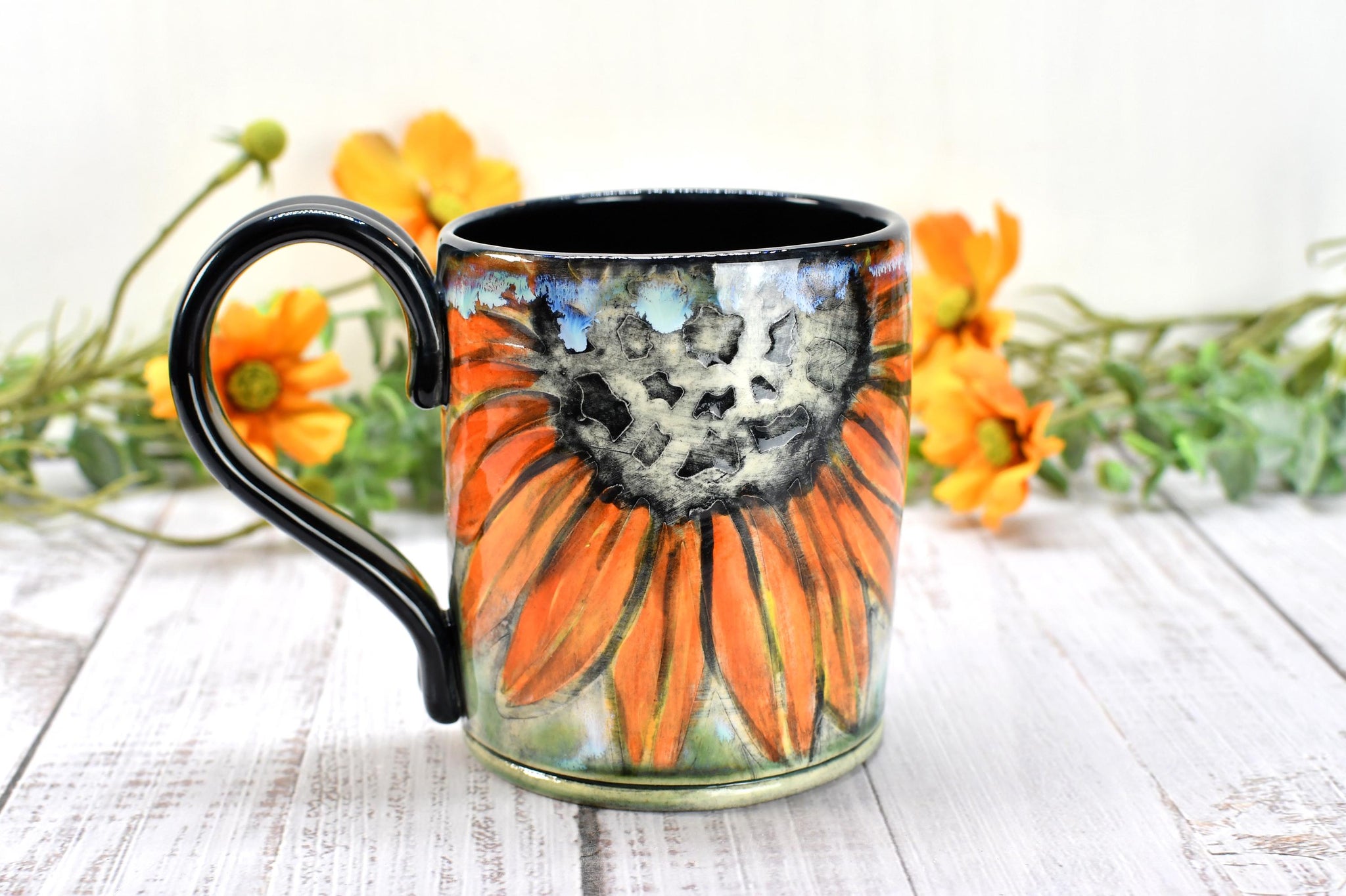Sunflowers Ceramic Coffee Mug, Handmade Pottery Stoneware Cup in Orange, Black, Green & Yellow with Hand Painted Flowers, Gift for Her
