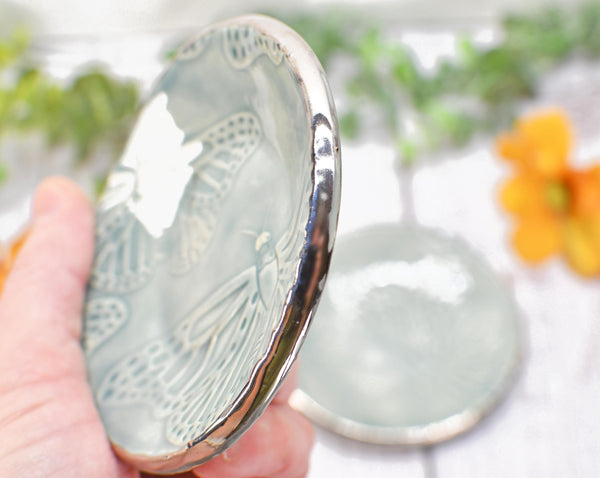 Butterfly White Gold Jewelry Trinket Dish, Ceramic Handmade Coffee Spoon Rest, Monarch Blue Gray Stoneware Wedding, Engagement Gift for Her