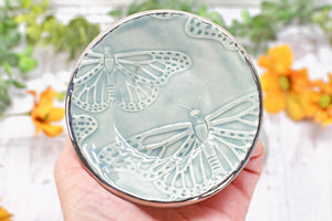 Butterfly White Gold Jewelry Trinket Dish, Ceramic Handmade Coffee Spoon Rest, Monarch Blue Gray Stoneware Wedding, Engagement Gift for Her