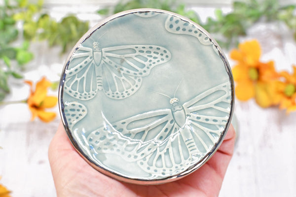 Butterfly White Gold Jewelry Trinket Dish, Ceramic Handmade Coffee Spoon Rest, Monarch Blue Gray Stoneware Wedding, Engagement Gift for Her