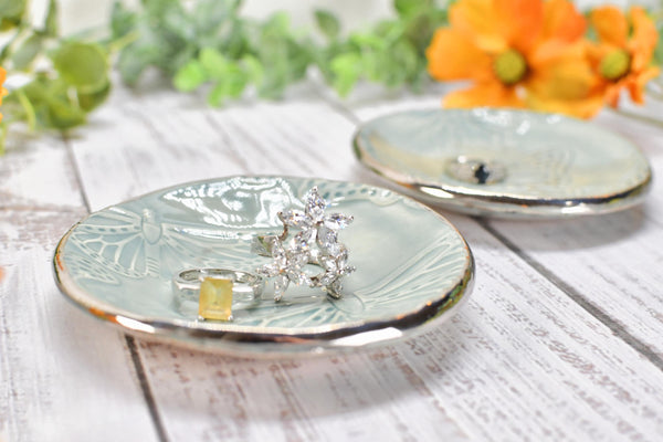 Butterfly White Gold Jewelry Trinket Dish, Ceramic Handmade Coffee Spoon Rest, Monarch Blue Gray Stoneware Wedding, Engagement Gift for Her