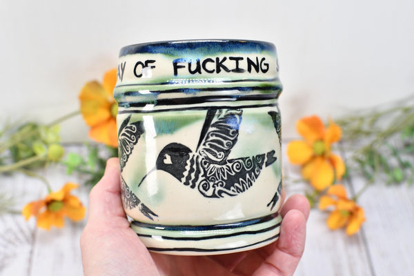 Hummingbird Handmade Pottery Cup, Funny Sarcastic Little Ray of Fucking Sunshine Ceramic Handleless Coffee Gift, Stoneware, Microwave Safe