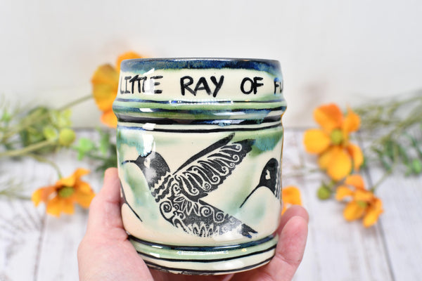 Hummingbird Handmade Pottery Cup, Funny Sarcastic Little Ray of Fucking Sunshine Ceramic Handleless Coffee Gift, Stoneware, Microwave Safe
