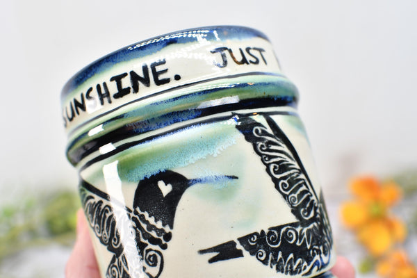 Hummingbird Handmade Pottery Cup, Funny Sarcastic Little Ray of Fucking Sunshine Ceramic Handleless Coffee Gift, Stoneware, Microwave Safe