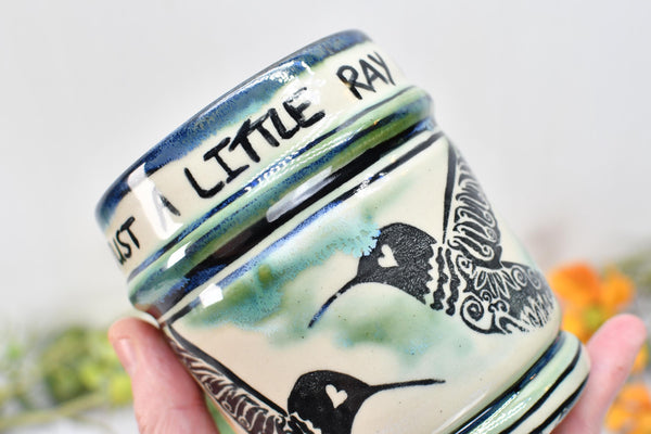 Hummingbird Handmade Pottery Cup, Funny Sarcastic Little Ray of Fucking Sunshine Ceramic Handleless Coffee Gift, Stoneware, Microwave Safe