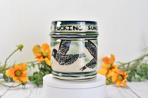 Hummingbird Handmade Pottery Cup, Funny Sarcastic Little Ray of Fucking Sunshine Ceramic Handleless Coffee Gift, Stoneware, Microwave Safe