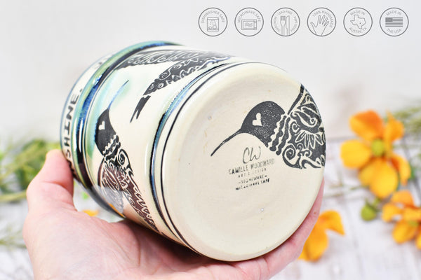 Hummingbird Handmade Pottery Cup, Funny Sarcastic Little Ray of Fucking Sunshine Ceramic Handleless Coffee Gift, Stoneware, Microwave Safe
