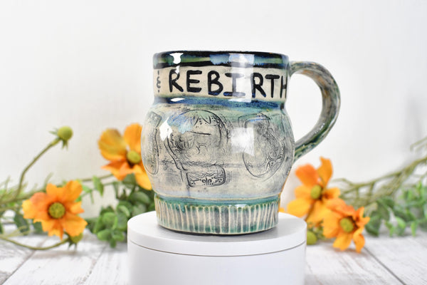 Sugar Skull Coffee Mug, Death & Rebirth Handleless Stoneware Pottery Ceramic Cup, Handmade Gift, Day of the Dead