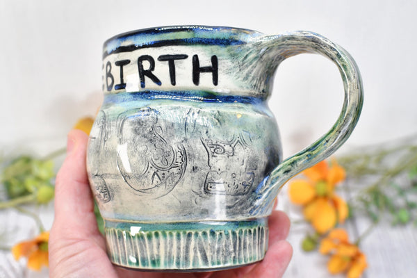 Sugar Skull Coffee Mug, Death & Rebirth Handleless Stoneware Pottery Ceramic Cup, Handmade Gift, Day of the Dead