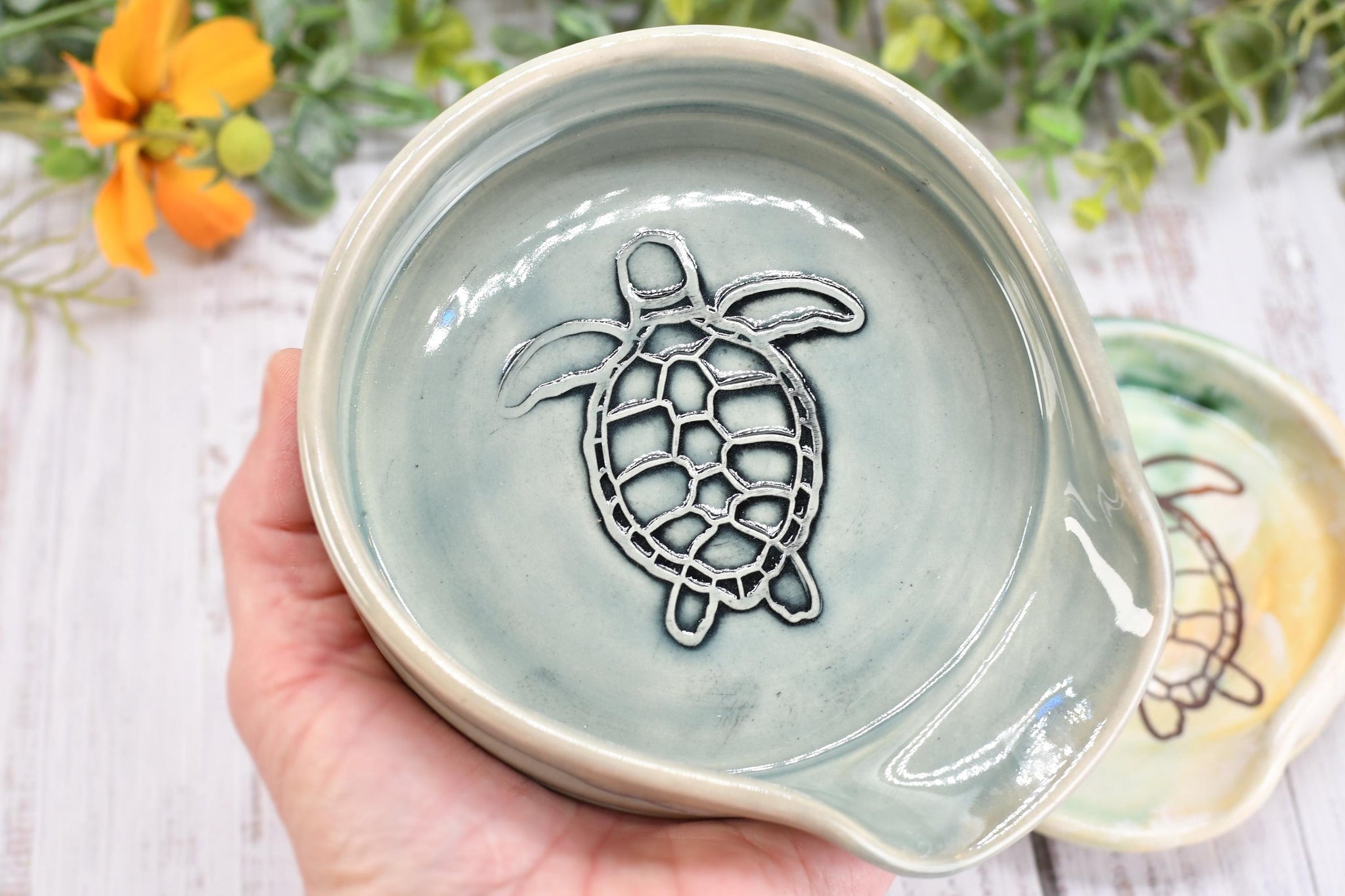 Sea Turtle Ceramic Stove Top Spoon Rest in Blue Gray, Teal, Green, Yellow - Handmade Beachy Ocean Life Decor Stoneware Pottery