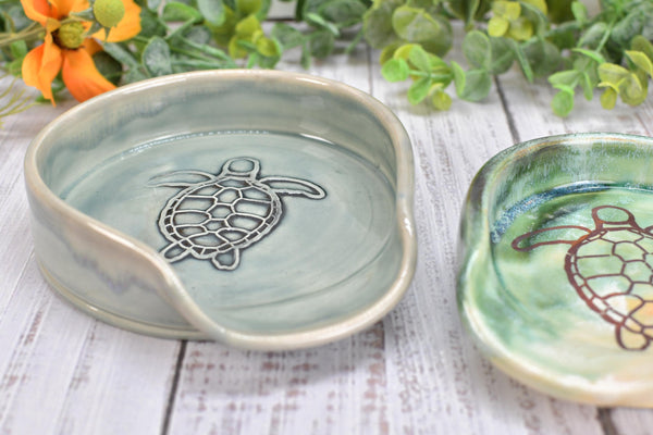 Sea Turtle Ceramic Stove Top Spoon Rest in Blue Gray, Teal, Green, Yellow - Handmade Beachy Ocean Life Decor Stoneware Pottery