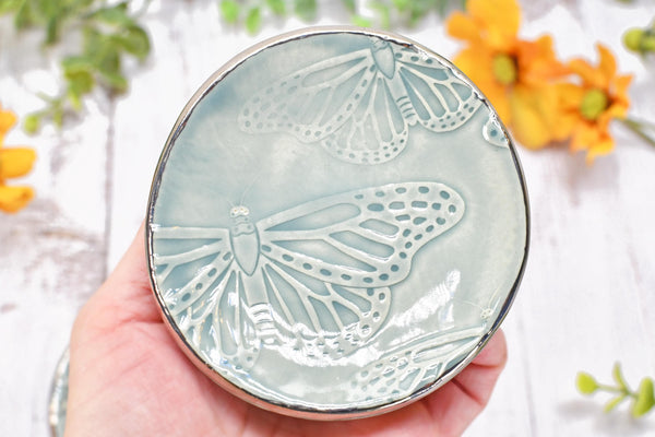 Butterfly White Gold Jewelry Trinket Dish, Ceramic Handmade Coffee Spoon Rest, Monarch Blue Gray Stoneware Wedding, Engagement Gift for Her