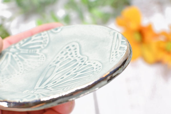 Butterfly White Gold Jewelry Trinket Dish, Ceramic Handmade Coffee Spoon Rest, Monarch Blue Gray Stoneware Wedding, Engagement Gift for Her