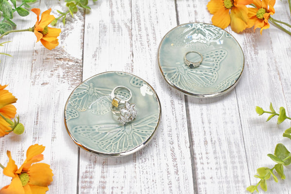 Butterfly White Gold Jewelry Trinket Dish, Ceramic Handmade Coffee Spoon Rest, Monarch Blue Gray Stoneware Wedding, Engagement Gift for Her