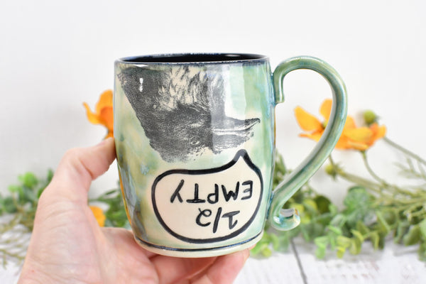 Optimist Pessimist Raven Bird Mug, Handmade Pottery Coffee Cup, Funny Ceramic Stoneware Gift, Microwave Safe, Glass is Half Full Half Empty