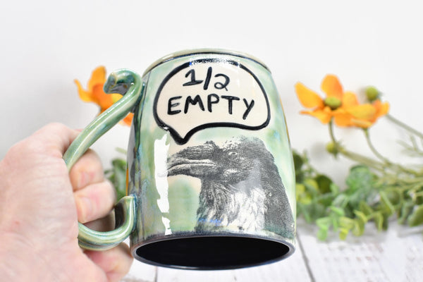 Optimist Pessimist Raven Bird Mug, Handmade Pottery Coffee Cup, Funny Ceramic Stoneware Gift, Microwave Safe, Glass is Half Full Half Empty