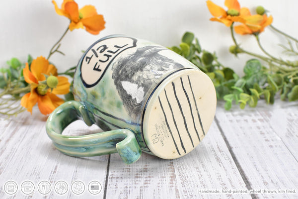 Optimist Pessimist Raven Bird Mug, Handmade Pottery Coffee Cup, Funny Ceramic Stoneware Gift, Microwave Safe, Glass is Half Full Half Empty