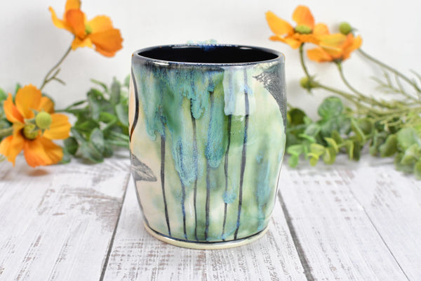 Optimist Pessimist Raven Bird Mug, Handmade Pottery Coffee Cup, Funny Ceramic Stoneware Gift, Microwave Safe, Glass is Half Full Half Empty