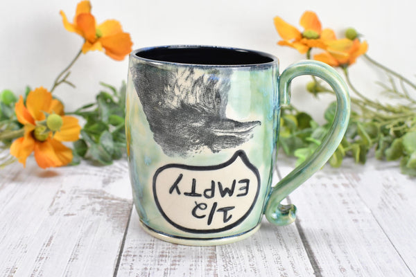 Optimist Pessimist Raven Bird Mug, Handmade Pottery Coffee Cup, Funny Ceramic Stoneware Gift, Microwave Safe, Glass is Half Full Half Empty