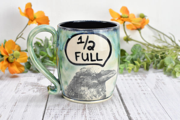 Optimist Pessimist Raven Bird Mug, Handmade Pottery Coffee Cup, Funny Ceramic Stoneware Gift, Microwave Safe, Glass is Half Full Half Empty