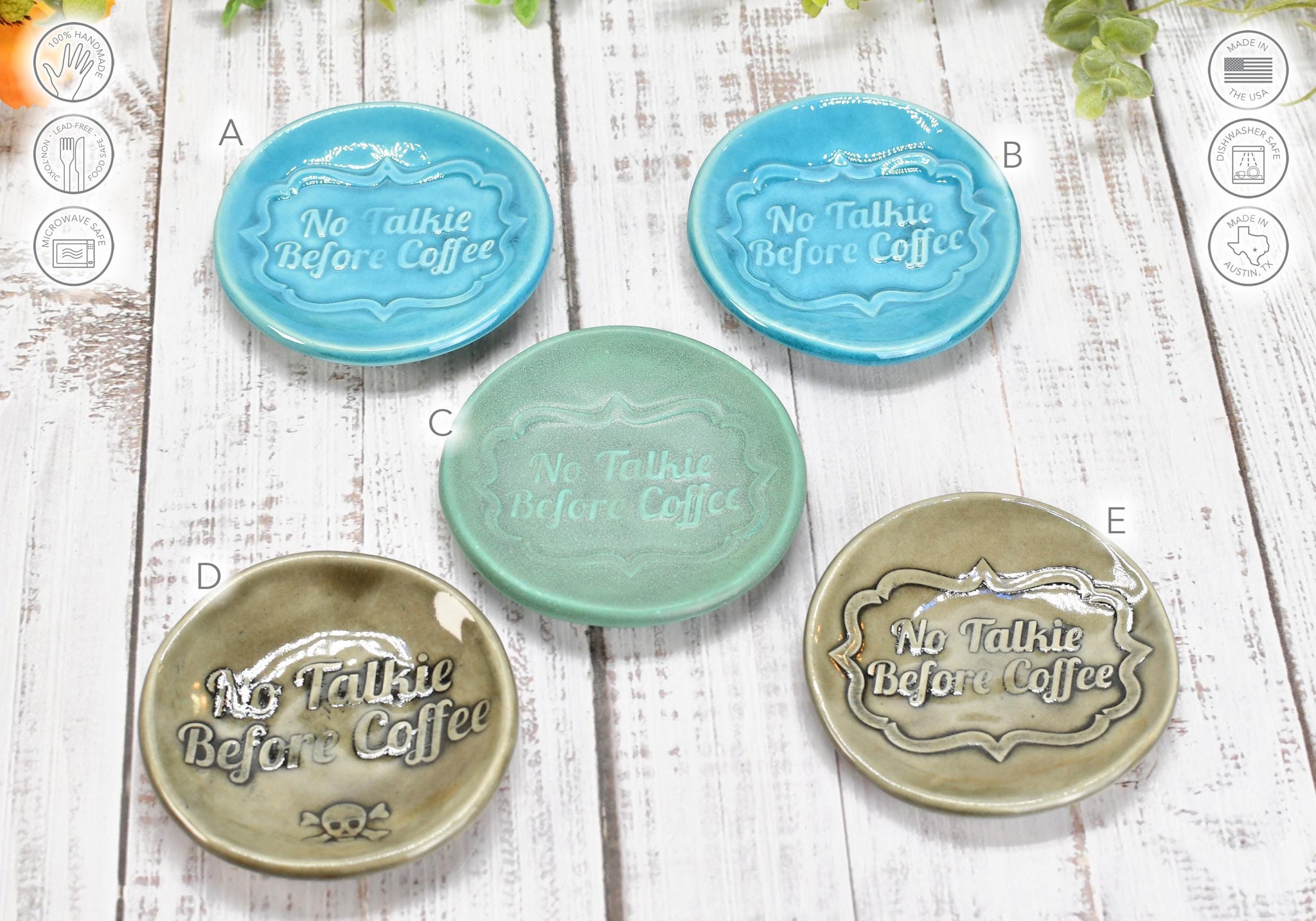 No Talkie Before Coffee Ceramic Small Spoon Rest, Handmade Stoneware Pottery Jewelry Trinket Dish, Gray, Teal, Turquoise Patina Green Skull