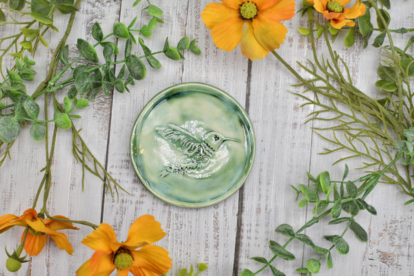 Hummingbird Ceramic Jewelry Trinket Dish, Handmade Coffee Spoon Rest, Stoneware Pottery Gift for Bird Lovers in Green, Teal, and Turquoise