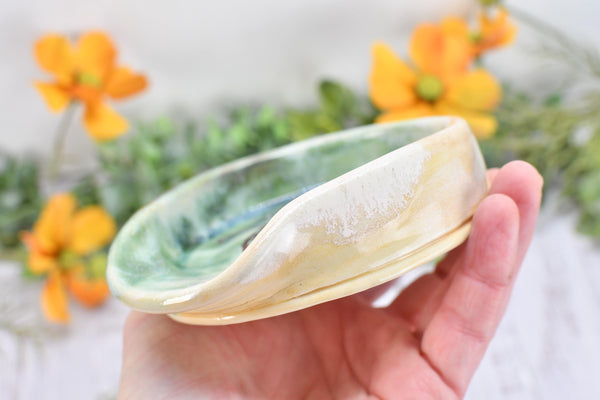 Sea Turtle Ceramic Stove Top Spoon Rest in Blue Gray, Teal, Green, Yellow - Handmade Beachy Ocean Life Decor Stoneware Pottery