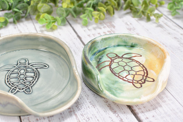 Sea Turtle Ceramic Stove Top Spoon Rest in Blue Gray, Teal, Green, Yellow - Handmade Beachy Ocean Life Decor Stoneware Pottery