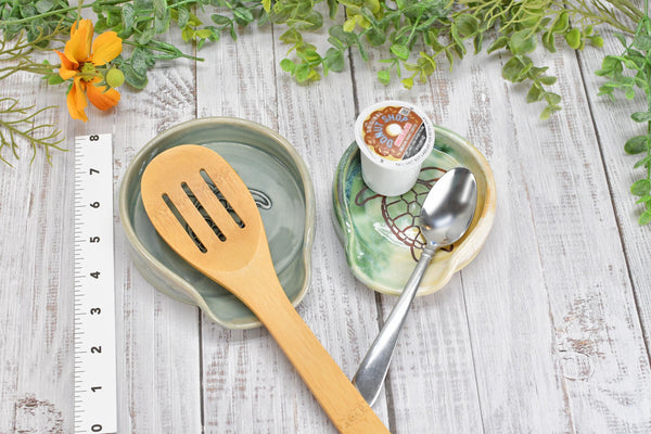 Sea Turtle Ceramic Stove Top Spoon Rest in Blue Gray, Teal, Green, Yellow - Handmade Beachy Ocean Life Decor Stoneware Pottery