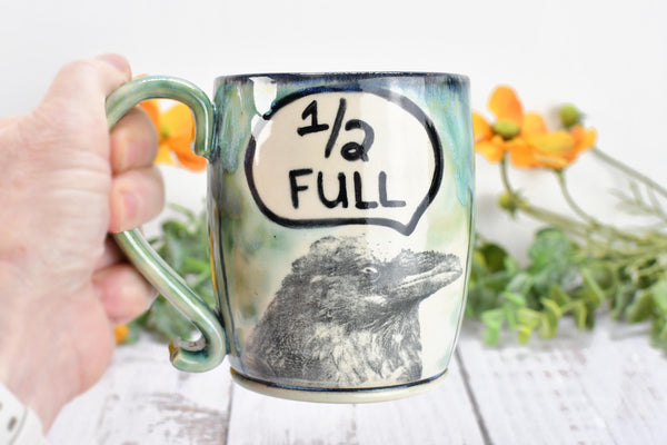 Optimist Pessimist Raven Bird Mug, Handmade Pottery Coffee Cup, Funny Ceramic Stoneware Gift, Microwave Safe, Glass is Half Full Half Empty