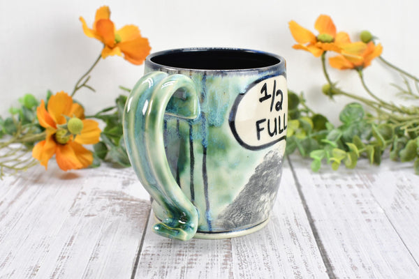 Optimist Pessimist Raven Bird Mug, Handmade Pottery Coffee Cup, Funny Ceramic Stoneware Gift, Microwave Safe, Glass is Half Full Half Empty