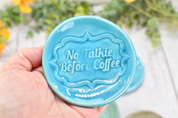 No Talkie Before Coffee Ceramic Small Spoon Rest, Handmade Stoneware Pottery Jewelry Trinket Dish, Gray, Teal, Turquoise Patina Green Skull