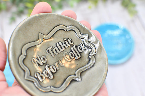 No Talkie Before Coffee Ceramic Small Spoon Rest, Handmade Stoneware Pottery Jewelry Trinket Dish, Gray, Teal, Turquoise Patina Green Skull