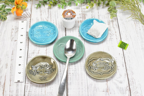 No Talkie Before Coffee Ceramic Small Spoon Rest, Handmade Stoneware Pottery Jewelry Trinket Dish, Gray, Teal, Turquoise Patina Green Skull