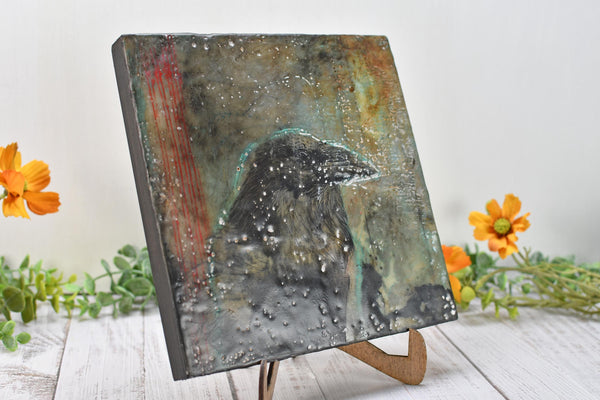 Raven Bird Original Encaustic Painting, Mixed Media Hand Painted Gift on Wood Cradle Board