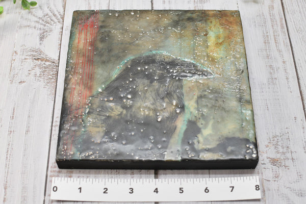 Raven Bird Original Encaustic Painting, Mixed Media Hand Painted Gift on Wood Cradle Board
