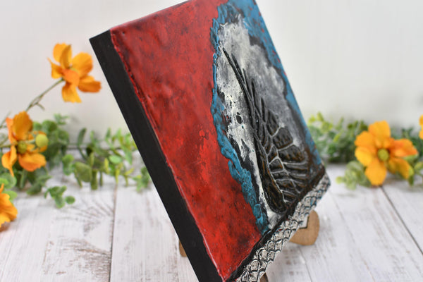 Bird Wing Original Encaustic Painting in Textured Red, Black, White, and Teal Blue, Hand Painted Gift on Wood Cradle Board