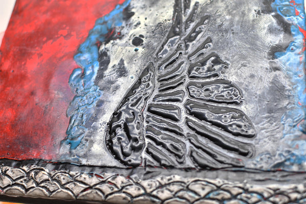Bird Wing Original Encaustic Painting in Textured Red, Black, White, and Teal Blue, Hand Painted Gift on Wood Cradle Board