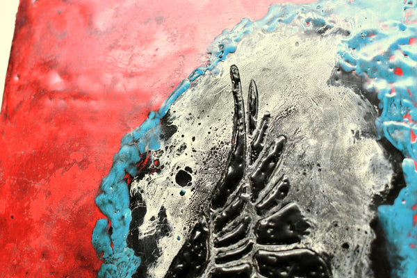 Bird Wing Original Encaustic Painting in Textured Red, Black, White, and Teal Blue, Hand Painted Gift on Wood Cradle Board