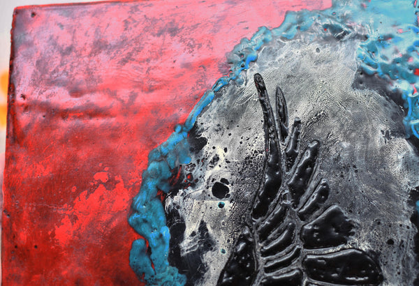 Bird Wing Original Encaustic Painting in Textured Red, Black, White, and Teal Blue, Hand Painted Gift on Wood Cradle Board