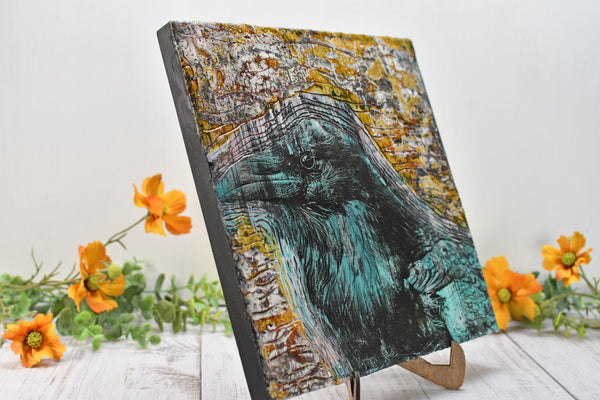 Raven Bird Original Encaustic Painting, Turquoise, Amber, and Black Mixed Media Hand Painted Gift on Wood Cradle Board