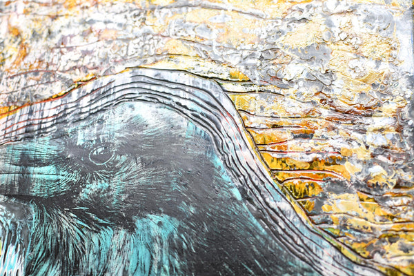Raven Bird Original Encaustic Painting, Turquoise, Amber, and Black Mixed Media Hand Painted Gift on Wood Cradle Board