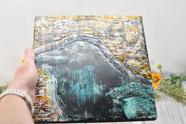 Raven Bird Original Encaustic Painting, Turquoise, Amber, and Black Mixed Media Hand Painted Gift on Wood Cradle Board