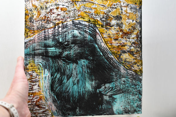 Raven Bird Original Encaustic Painting, Turquoise, Amber, and Black Mixed Media Hand Painted Gift on Wood Cradle Board